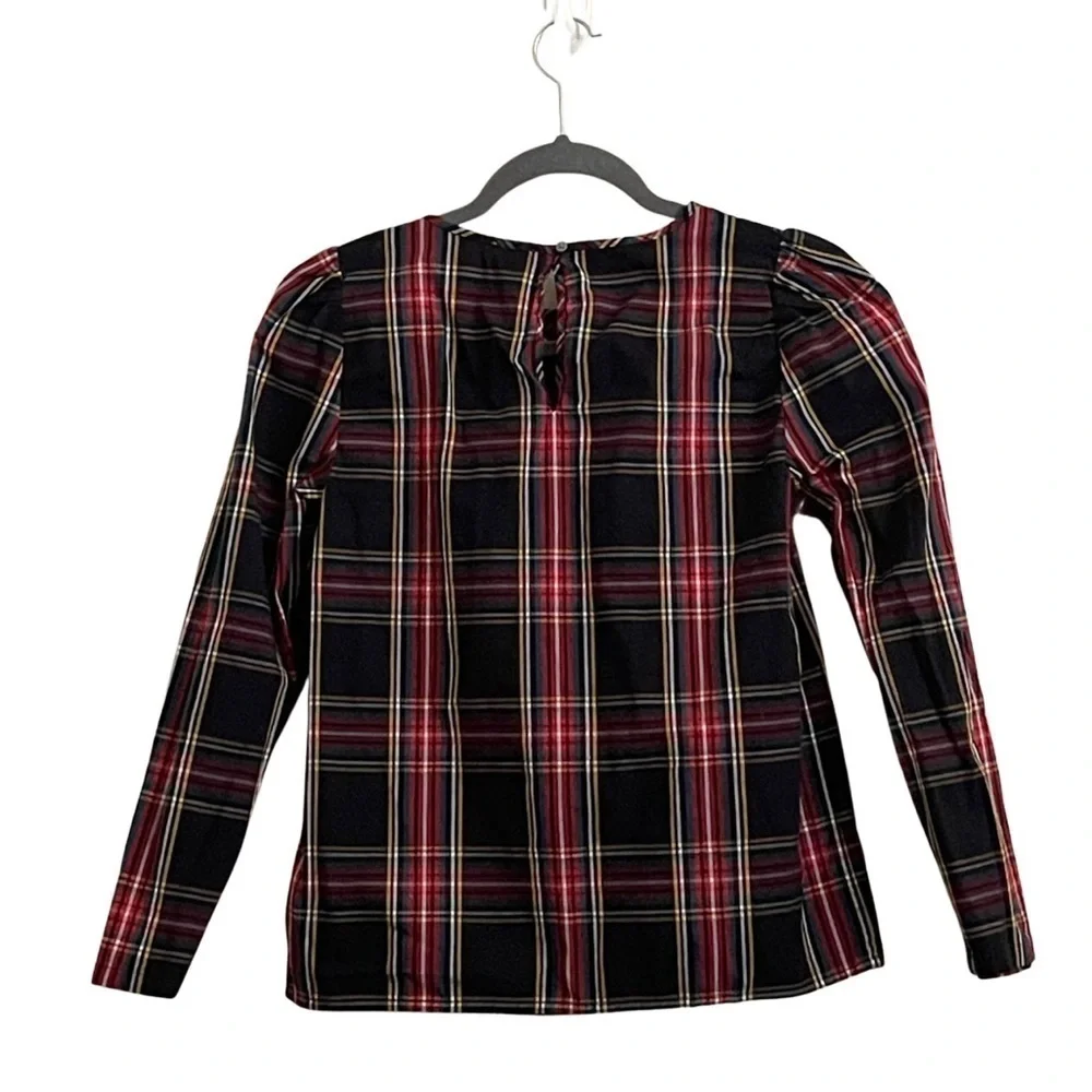 J Crew Women's Christmas Black Tartan Plaid Puff Sleeved Top XS Organic Cotton